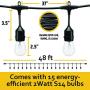 Outdoor String Lights - 48-Foot Black String Lights with 15 Hanging E26 Bulbs - UL Listed - Water Resistant and Heavy Duty Porch, Bistro, Yard, or Patio Lights - Easy to Install and to Extend