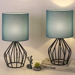 HAITRAL Modern Table Lamps Set of 2 - Black Metal Bedside Teal Lamps for Bedroom, Living Room,Dorm, Side Table, Geometric Desk Lamps with Hollowed Out Base and Blue Fabric Shade