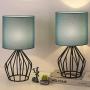 HAITRAL Modern Table Lamps Set of 2 - Black Metal Bedside Teal Lamps for Bedroom, Living Room,Dorm, Side Table, Geometric Desk Lamps with Hollowed Out Base and Blue Fabric Shade