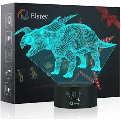 Dinosaur 3D Night Light Table Desk Lamp, Elstey 7 Colors Optical Illusion Touch Control Lights with Acrylic Flat & ABS Base & USB Cable for Christmas Gift