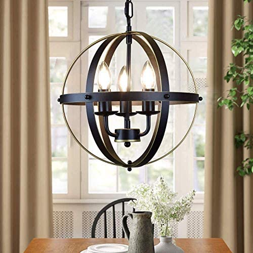 DLLT Chandelier Farmhouse Hanging Lighting, 3 Lights Globe Ceiling Light Fixture, Metal Swag Pendant Lighting for Kitchen, Dining Room, Living Room, Hallway, Bedroom, Entryway, E12 Base Gold