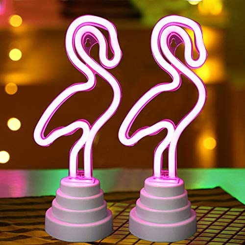 Bright Zeal [PACK OF 2 ] 11'' Pink Flamingo Plug In Neon Light Sign Battery Powered - Neon Signs For Bedroom Wall Decor Pink - Pink Flamingo Neon Light Signs Neon Flamingo Night Light Plug In Kids Room