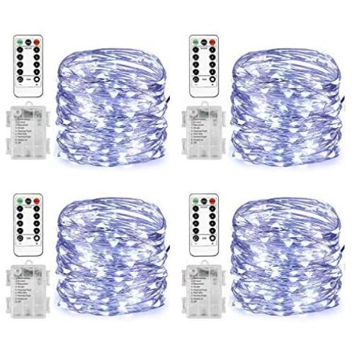 Homemory 4 Pack 20 Ft 60 LED Fairy Lights Battery Operated Christmas Lights with Remote Waterproof 8 Modes Firefly Twinkle String Lights for Party Bedroom Wedding Decorations(Cool White)