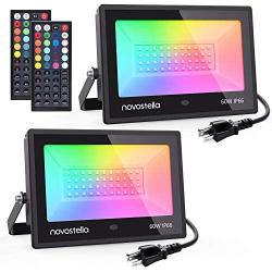 Novostella 2 Pack 60W RGB LED Flood Light, 44 Keys Controller, 20 Colors 6 Modes, Dimmable Color Changing Floodlight, IP66 Waterproof, Wall Washer Lights, Outdoor Garden Stage Landscape Lighting