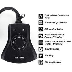 BESTTEN Outdoor Timer with Photocell Light Sensor and 3 Grounded Outlets, Dusk to Dawn and Countdown Timer, Weatherproof Plug in Switch for Holiday Decoration, Christmas Lights and Outdoor Lighting