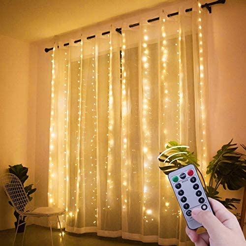 Window Curtain String Lights, 300 LED USB Powered String Lights, 8 Lighting Modes Waterproof Decorative Lights for Bedroom Wedding Party Backdrop Outdoor Indoor Wall Decoration(9.8x9.8 Ft)