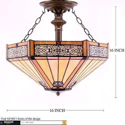 Tiffany Ceiling Fixture Lamp Semi Flush Mount Light W16H15 Inch Yellow Stained Glass Mission Hexagon Shade S011 WERFACTORY Lover Living Room Bedroom Study Office Coffee Island Bar Hallway Dining Room