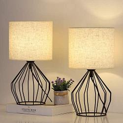 Black Hollowed Out Base Modern Lamp Bedside Table Lamp Set of 2 Geometric Desk Lamp with White Fabric Shade for Living Room Bedroom Guestroom