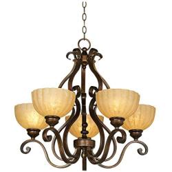 Iron Scroll Golden Bronze Chandelier 28'' Wide Amber Scalloped Glass 5-Light Fixture for Dining Room House Foyer Kitchen Island Entryway Bedroom Living Room - Franklin Iron Works