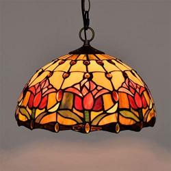 Tiffany Style Red Tulip Yellow Stained Glass Pendant Lamp 12 Inch Pastoral Island Lighting Vintage Ceiling Hanging Light Fixture for Dining Room, Hallway