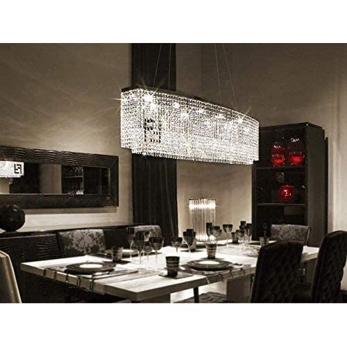 7PM Modern Crystal Chandelier Rectangle Chrome Chandelier Contemporary Pendant Lighting Fixture for Dining Room Living Room