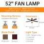 Ceiling Fan with Light 52-inch Brown 5-leaf Flush Mount Indoor Ceiling Fan Light ETL Listed for Living Room Dining Room Kitchen Restaurant,Motor Reversibly Accumulates Heat in Winter