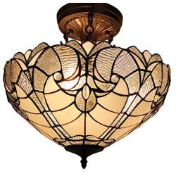 Amora Lighting Tiffany Style Ceiling Lamp Fixture Semi Flush 16'' Wide White Stained Glass Antique Vintage 2 Light Decor Game Living Dining Room Kitchen Gift AM216HL16B