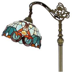 Tiffany Style Reading Floor Lamp Lighting W12H64 Inch Green Blue Stained Glass Floral Lampshade Antique Adjustable Arched Standing Base S802 WERFACTORY LAMPS Girlfriend Lover Bedroom Living Room Gifts