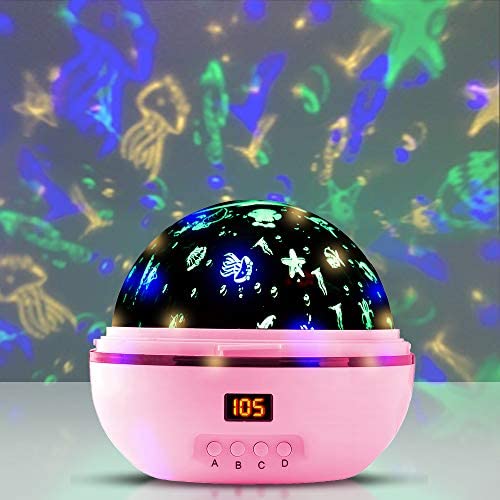 ComfyDegree Room Ocean Night Light Projector, Bedroom 360° LED Timer Control Rotating Projection Lamp with Rabbit Ears (Pink)