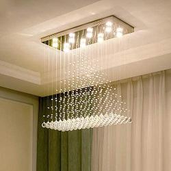 Moooni Modern Rectangle Crystal Chandeliers Raindrop Rectangular Flush Mount Ceiling Light Fixture for Dining Room Kitchen Island 8 Ligths L31.5''x W12''x H31.5''