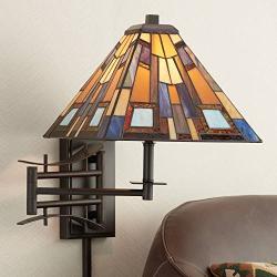 Jewel Tone Tiffany Style Swing Arm Wall Lamp Plug-in Light Fixture Stained Glass for Bedroom Bedside Living Room Reading - Robert Louis Tiffany