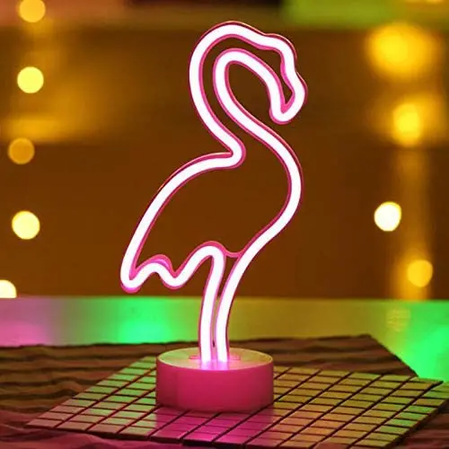 Battife Neon Signs LED Light with Holder Base USB or Battery Operated Table Night Lamps for Bedroom, Home Accessories Decorations Gifts (Flamingo)