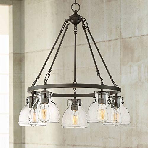 Bellis Bronze Wagon Wheel Pendant Chandelier 25'' Wide Modern Industrial Clear Glass 5-Light Fixture for Dining Room House Foyer Kitchen Island Entryway Bedroom Living Room - Possini Euro Design