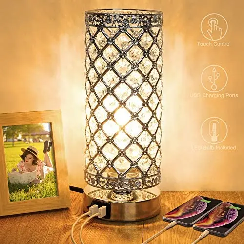Crystal Touch Control Table Lamp with Dual Fast USB Charging Ports, 3-Way Dimmable Decorative Bedside Nightstand Desk Lamps for Bedrooms Living Room, Small Night Light Lampshade, T45 LED Bulb Included