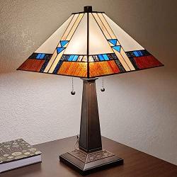 Amora Lighting Tiffany Style Table Lamp Mission 23'' Tall Stained Glass Blue White Brown Vintage Antique Light Décor Nightstand Living Room Bedroom Office Handmade Gift AM243TL14B, Multicolored