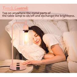 QiMH Industrial Table Lamp for Bedroom,Touch Control Bedside Lamp with USB Port/Outlet Dimmable Glass Shade Nightstand Lamp for Bedroom Office Reading with Bulb (Pink)