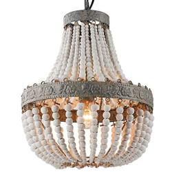 Newrays Wood Bead Chandelier Pendant Gray White Finishing Bohemian Boho Beachy Ceiling Lamp Light Fixtures( Antique White)