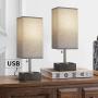 OYEARS Table Lamps Set of 2 Built in Dual USB Charging Port Bedside 15.5” Table Lamp with Dual AC Power Outlets for Bedroom Living Room Office Study Room Grey Fabric Shade
