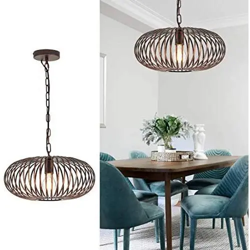 YLONG-ZS Round Pendant Light Hanging Lantern Lighting Fixture for Kitchen and Dining Room, Industrial Retro Iron Chandelier Fixture,E26 Base, Bronze (Bulbs Not Included)