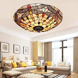 16'' Retro Tiffany Ceiling Light Flush Mount Fixtures Handmade Shade Vintage Chandeliers Multicolor Dragonfly Lighting Lamps 3-Lights E26 Bulbs for Living Room, Dining Room, Bedroom