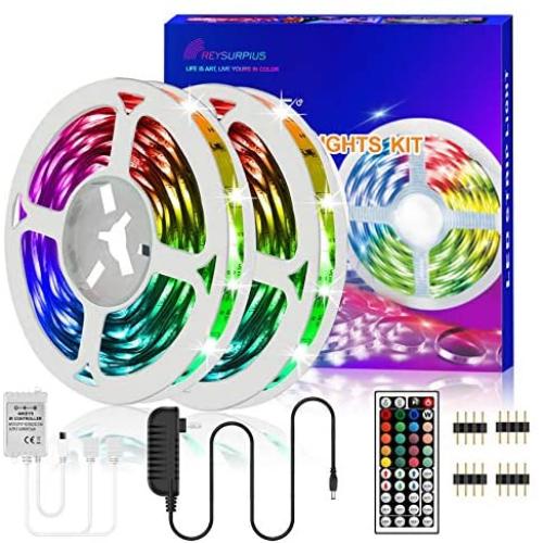 REYSURPIUS Led Strip Lights 32.8ft(300 LEDs),RGB Light Strips Kit with 44Keys IR Remote Controller,(2 roll 16.4ft) Double-sided copper plate 5050RGB color changing light strip for Bedroom, Living Room