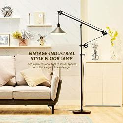 CO-Z Industrial Pulley Floor Lamp Adjustable, 70’’ Antique Floor Task Lamp in Matte Black Finish, Metal Standing Floor Lamp Over Couch for Living Room Reading Office Bedroom.