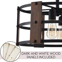 Kira Home Madera 17'' 4-Light Modern Farmhouse Chandelier + Wood and Metal Round Shade, 2 Wood Panel Styles (White Ash/Walnut), Textured Black Finish