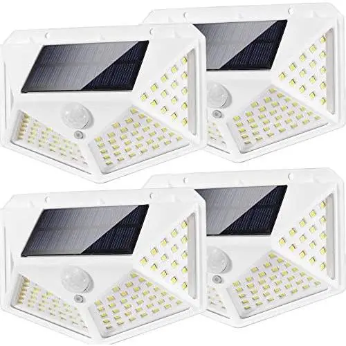 JIOR Solar Motion Sensor Lights Outdoor 100 LED 270° Wireless Light IP65 Waterproof Security Light (WHITE-100LED-4PCS)