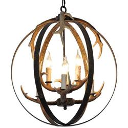 Unitop Globe Antler Chandelier, 6 Lights D21.7'' Metal Retro Pendant Light Fixture Vintage Resin Deer Antler Chandelier for Living Room Kitchen Island Bedroom