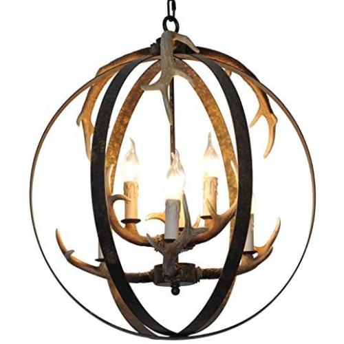 Unitop Globe Antler Chandelier, 6 Lights D21.7'' Metal Retro Pendant Light Fixture Vintage Resin Deer Antler Chandelier for Living Room Kitchen Island Bedroom