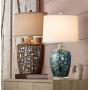 Devan Cottage Table Lamp with Nightlight Ceramic Blue Vine Handcrafted Oval Fabric Shade for Living Room Family Bedroom - 360 Lighting