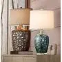 Devan Cottage Table Lamp with Nightlight Ceramic Blue Vine Handcrafted Oval Fabric Shade for Living Room Family Bedroom - 360 Lighting