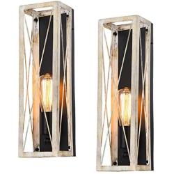 Pauwer Industrial Wall Sconces Set of 2 Edison Vintage Wall Lamp Faux Wood Finish Rustic Wall Light Fixture Antique Wall Lighting for Bedroom Living Room Hallway