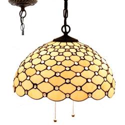 Tiffany Hanging Lamp W16H40 Inch Pendant Light Amber Stained Glass Crystal Pear Bead Shade Chandelier Ceiling Fixture S005 WERFACTORY Deco Dining LivingRoom Bedroom Study Office Cafe Bar Hallway Loft