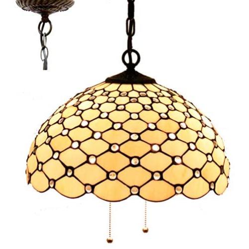 Tiffany Hanging Lamp W16H40 Inch Pendant Light Amber Stained Glass Crystal Pear Bead Shade Chandelier Ceiling Fixture S005 WERFACTORY Deco Dining LivingRoom Bedroom Study Office Cafe Bar Hallway Loft