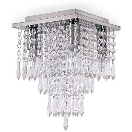 Qihang Mini Modern Crystal Chandelier Half Flush Mount Ceiling Light Fixture Contemporary Square Pendant Lamp for Bedroom Living Room Hallway Dining Room