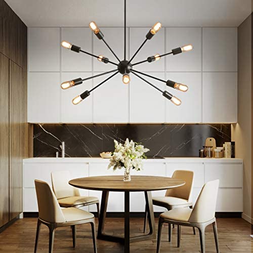 KDG Chandeliers 12-Lights Modern Chandeliers Black Sputnik Chandeliers Mid Century Pendant Lighting Ceiling Light Fixture for Kitchen Dining Room Living Room (Black 12 Light)