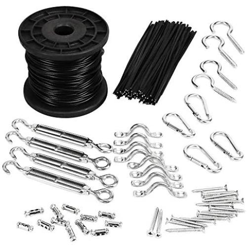 YQL Outdoor Lights Hanging Kit,Globe String Lights Suspension Kit,164ft Black Vinyl-Coated 304 Stainless Steel Cable,String Light Guide Wire,Hook & Eye Turnbuckle Wire Rope Tension