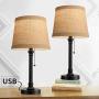 Oneach Table Lamps Set of 2 USB for Living Room Bedroom Office Rustic 19.75'' Bedside Desk Lamps Nightstand Lamp Metal Gold Modern Reading Lamp Black Pull Chain