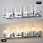 Deyidn 4 Lights Bathroom Vanity Light Fixture Over Mirror LED Modern Wall Sconce Lighting Chrome Fixture with Glass for Farmhouse Bedroom Living Room