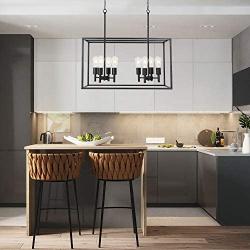 VINLUZ 8 Light Farmhouse Island Pendant Hanging Lighting Black Kitchen Light Fixture for Dining Room Kitchen Bar