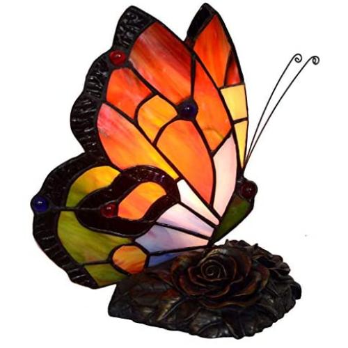 HT Tiffany Style Small Night Light Butterfly Shape Stained Glass Shade(TY214) 1-Light Resin Base Traditional Handmade Table Lamp for Family Living Room Reading Bedroom Bedside Dresser