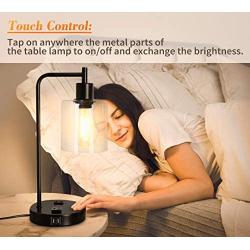 QiMH Industrial Table Lamp for Bedroom,Touch Control Bedside Lamp with USB Port/Outlet Dimmable Glass Shade Nightstand Lamp for Bedroom Office Reading with Bulb (Black)