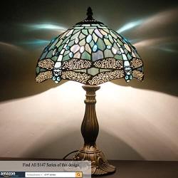 Tiffany Lamp W12H18 Inch Tall Sea Blue Stained Glass Dragonfly Crystal Style Shade Accent Antique Bedside End Table Desk Reading Light S147 WERFACTORY Lamps Living Room Bedroom Study Art Crafts Gifts